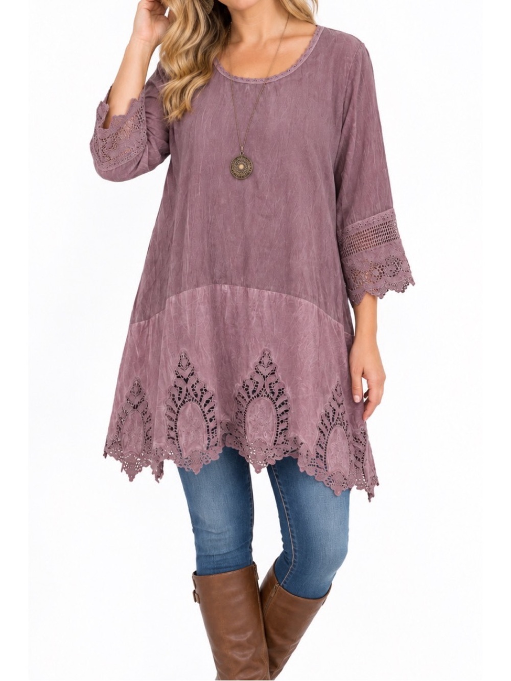 Crosstree Lane dusty mauve/lilac boho tunic top with a relaxed silhouette